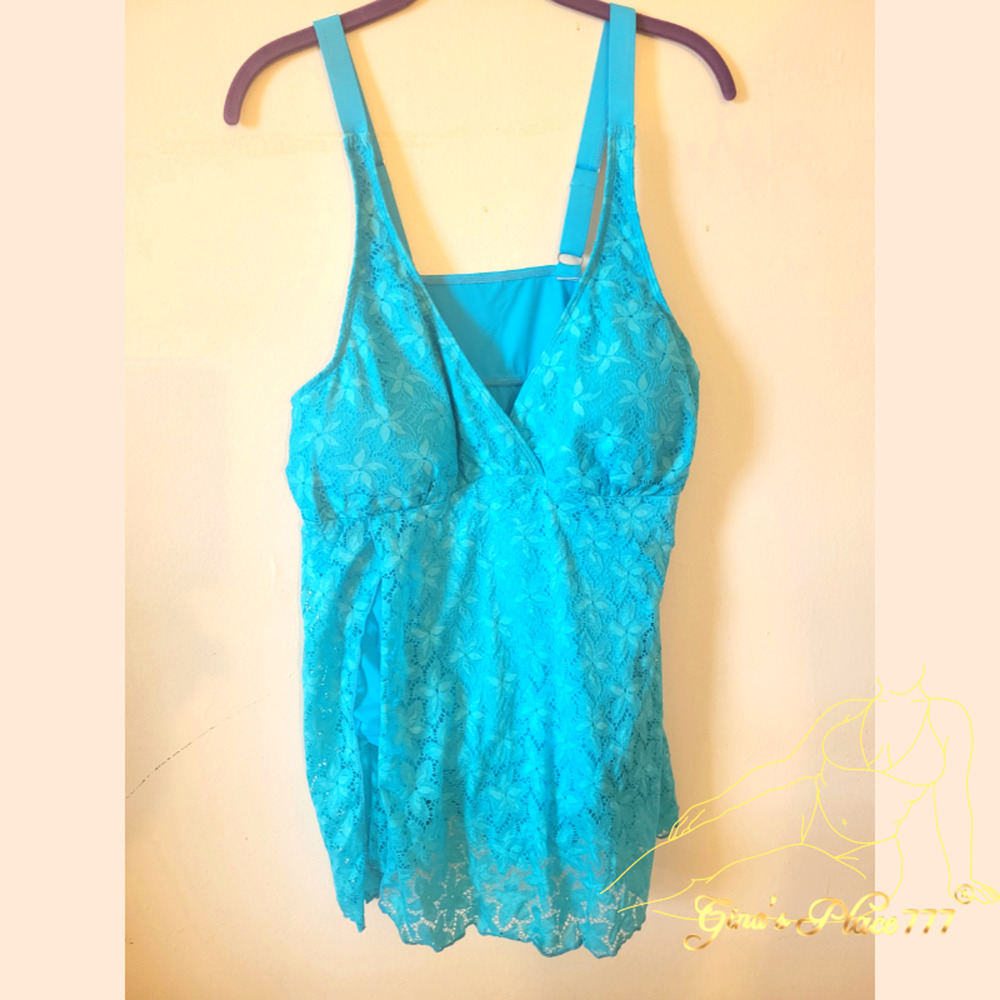 Plus Size One Piece Crochet Soft Tummy Control Slide Slit SwimDress Blue Size 1X